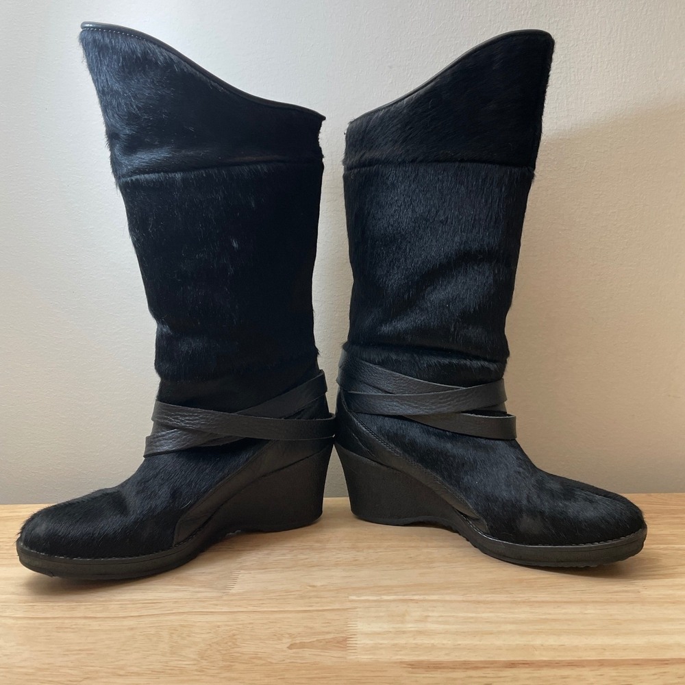 Oscar Sport Italy Black Pony Hair Wedge Boots Faux Shearling Lined Womens 38